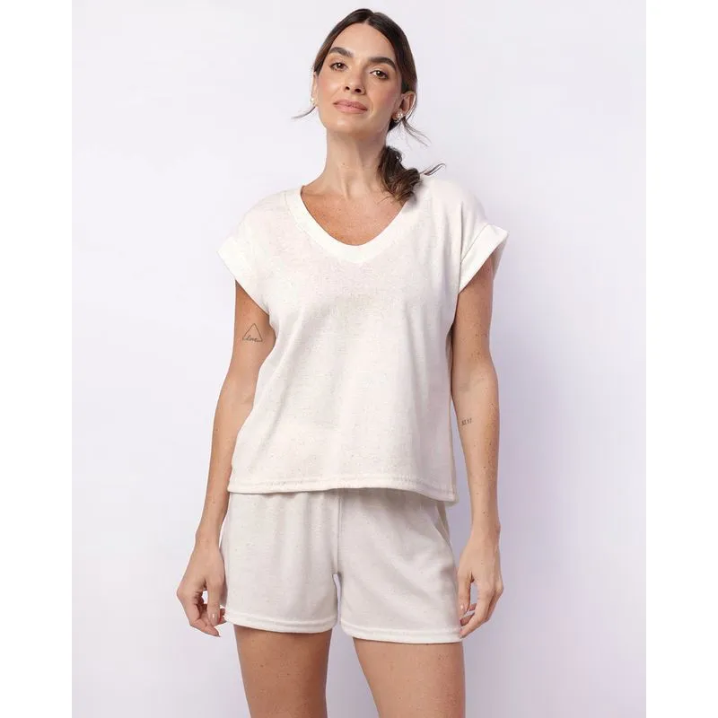 Pijama Feminino Curto Texturizado Gola V Bege GG