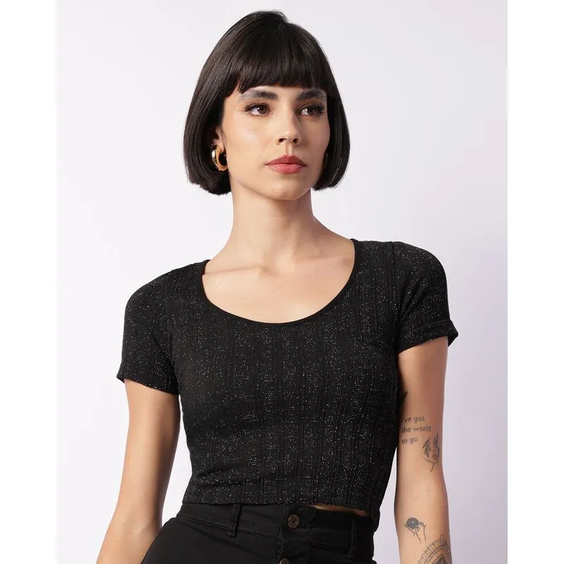 Blusa Feminina Cropped Texturizada Com Fio Lurex Preta M