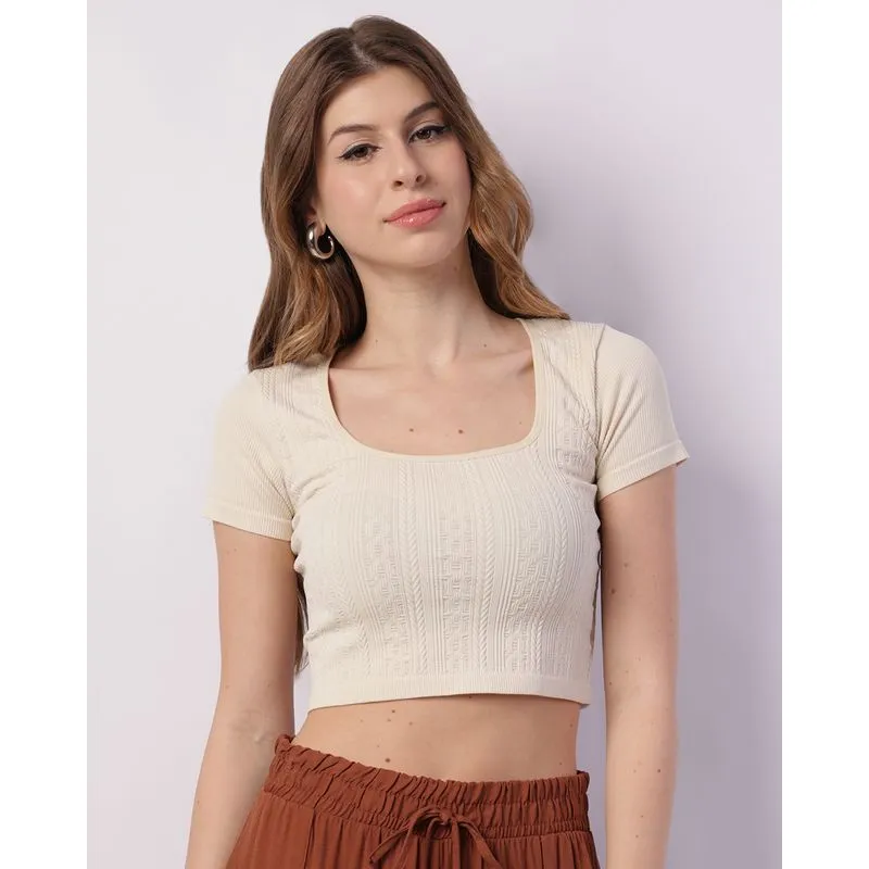 Blusa Feminina Manga Curta Cropped sem Costura Bege P