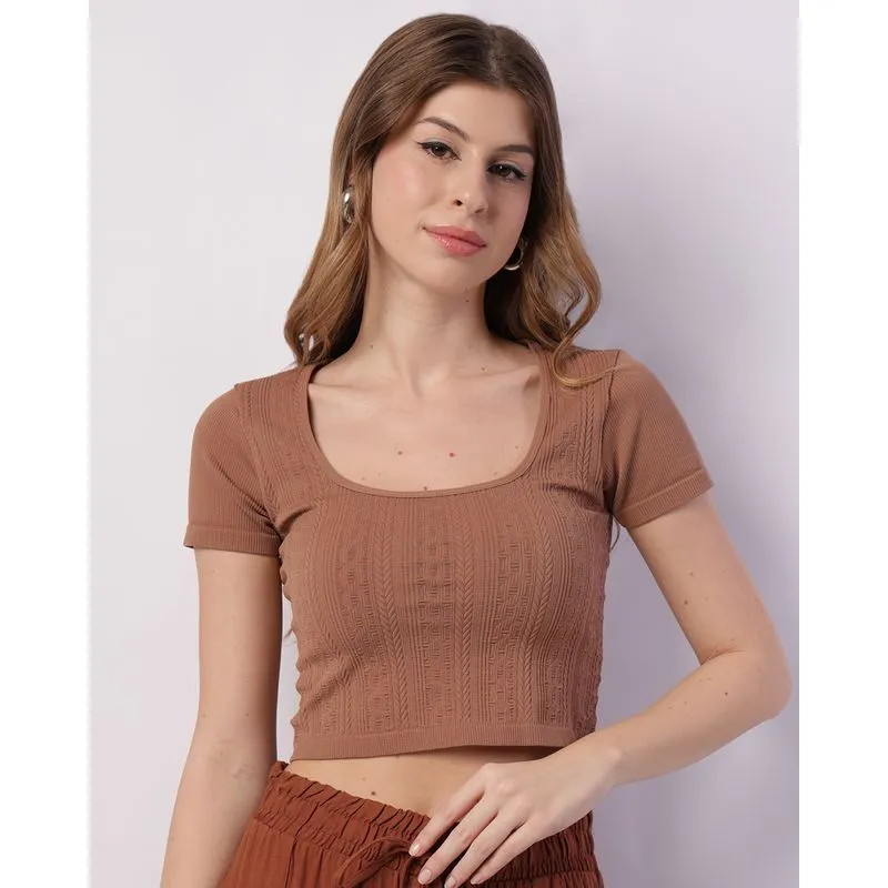 Blusa Feminina Manga Curta Cropped sem Costura Marrom M