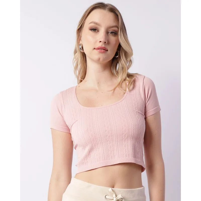 Blusa Feminina Manga Curta Cropped sem Costura Rosa M