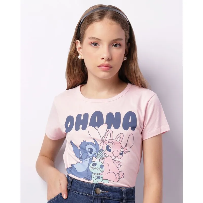Camiseta Juvenil Disney Stitch Manga Curta Rosa 12
