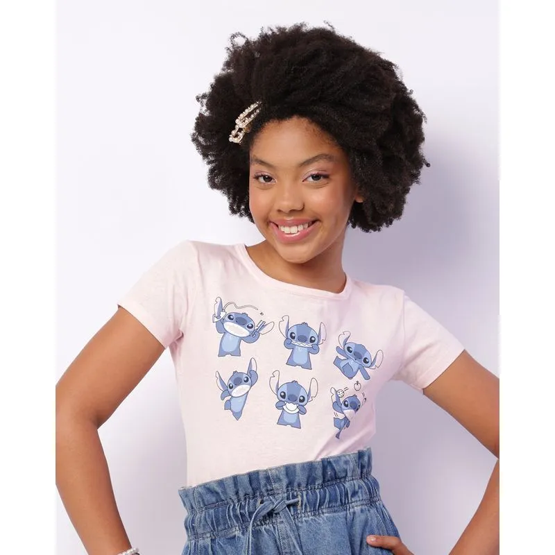 Camiseta Juvenil Disney Stitch Manga Curta Rosa 10