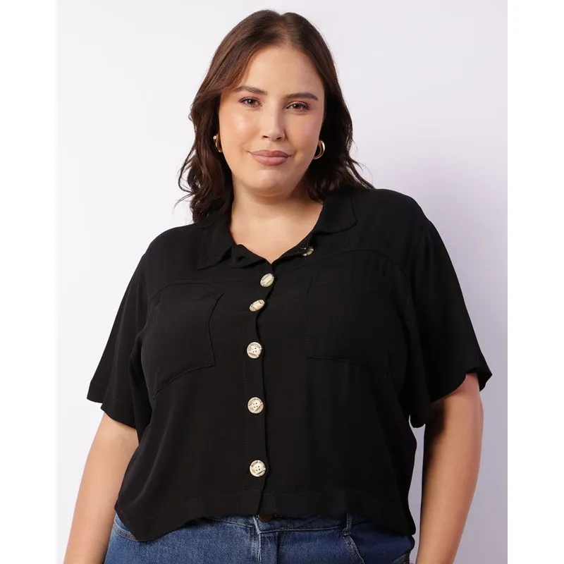 Camisa Plus Size Feminina Viscose Com Bolsos Preta G1