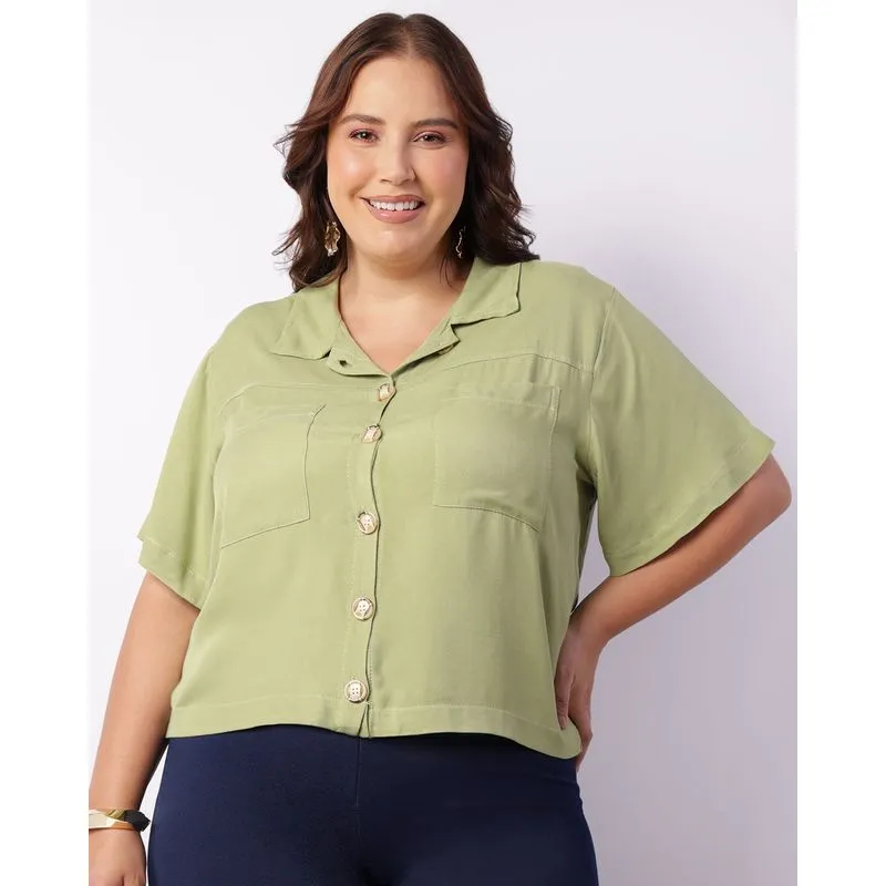 Camisa Plus Size Feminina Viscose Com Bolsos Verde G2