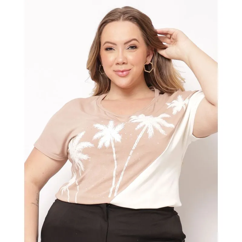 Blusa Plus Size Feminina Bicolor Estampa Coqueiro com Strass Bege G1