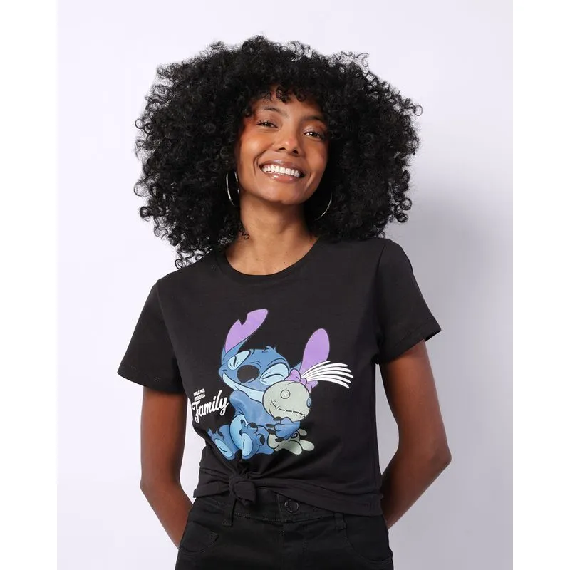 Camiseta Feminina Disney Stitch Manga Curta Preta GG