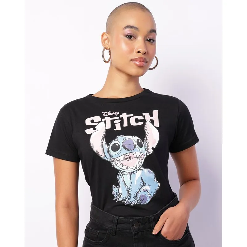 Camiseta Feminina Disney Stitch Manga Curta Preta G