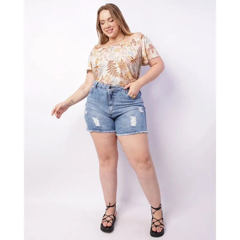 Short Jeans Plus Size Feminino Destroyed Barra Desfiada Azul 52
