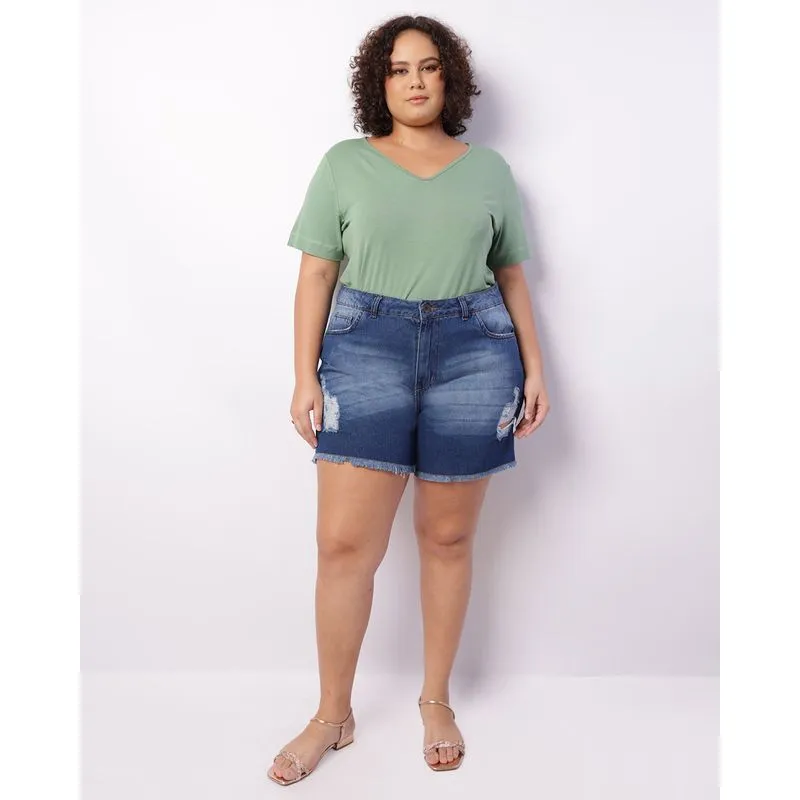 Short Jeans Plus Size Feminino Destroyed Barra Desfiada Azul 50