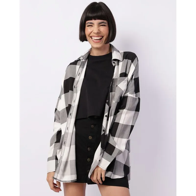 Camisa Feminina Berry & Co. Viscose Oversized Xadrez Preta M