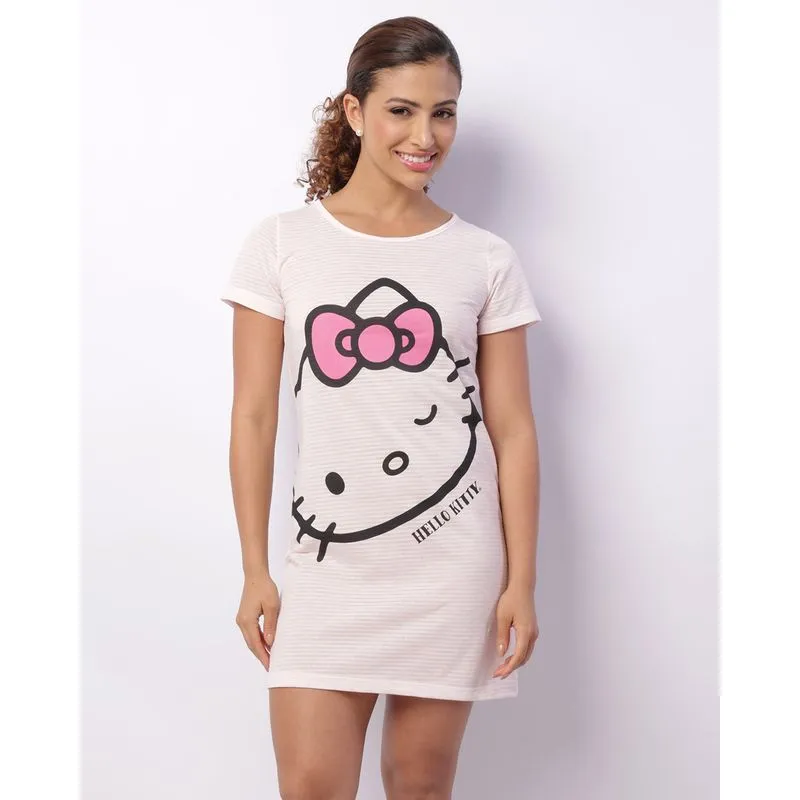 Camisola Feminina Curta Hello Kitty Listrada Manga Curta Rosa GG