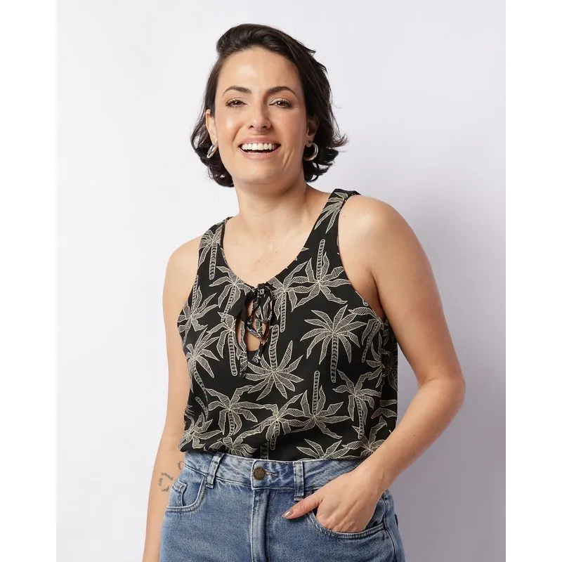 Regata Feminina Decote Com Laço Floral Preta M