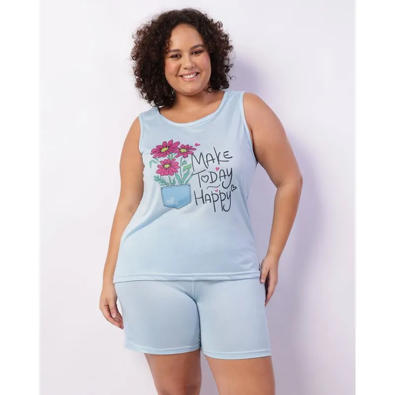 Pijama Plus Size Feminino Curto Estampa Frontal Azul 50