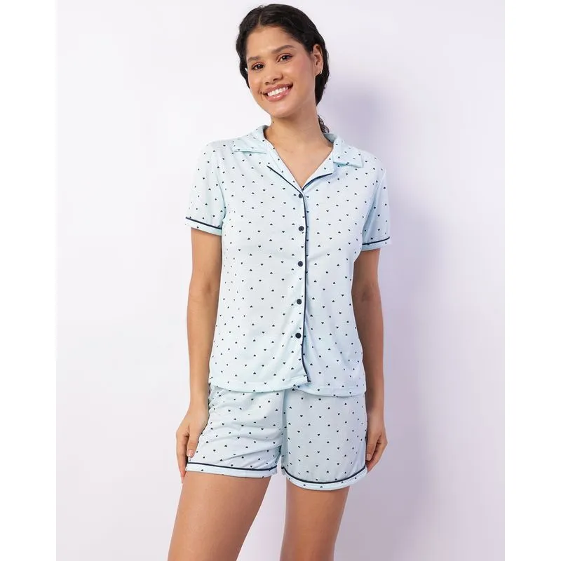 Pijama Feminino Curto Americano Estampado Corações Azul P