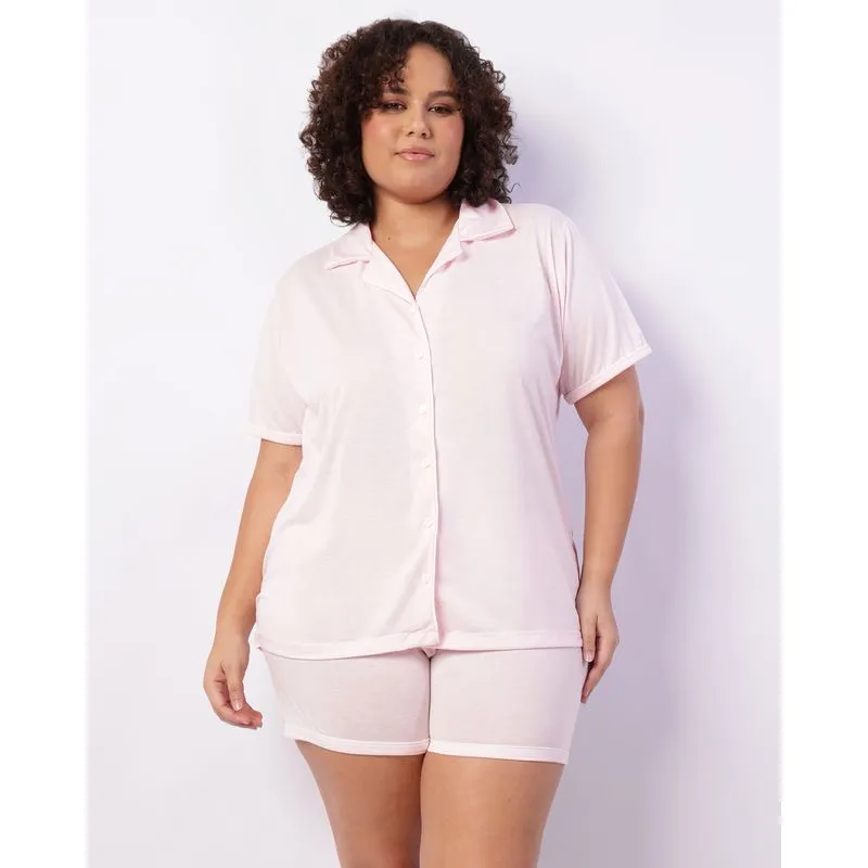 Pijama Plus Size Feminino Curto Americano Rosa 52