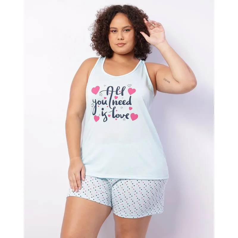 Pijama Plus Size Feminino Curto Estampa Corações Azul 50