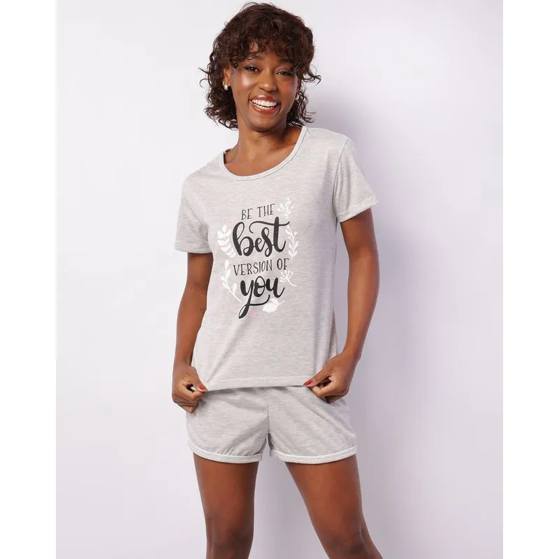 Pijama Feminina Curto Estampa Frontal Cinza P