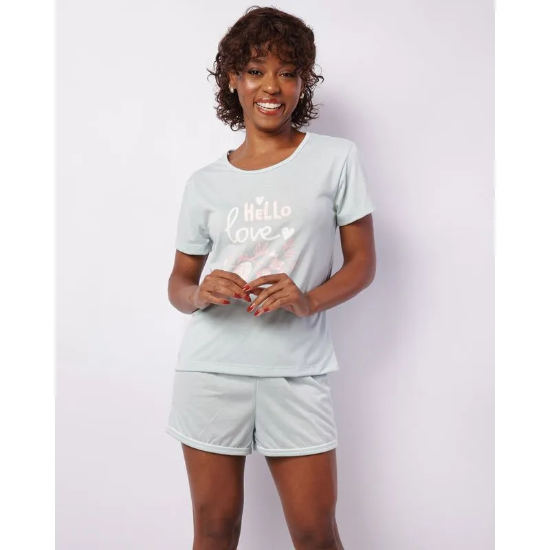 Pijama Feminina Curto Estampa Frontal Verde M