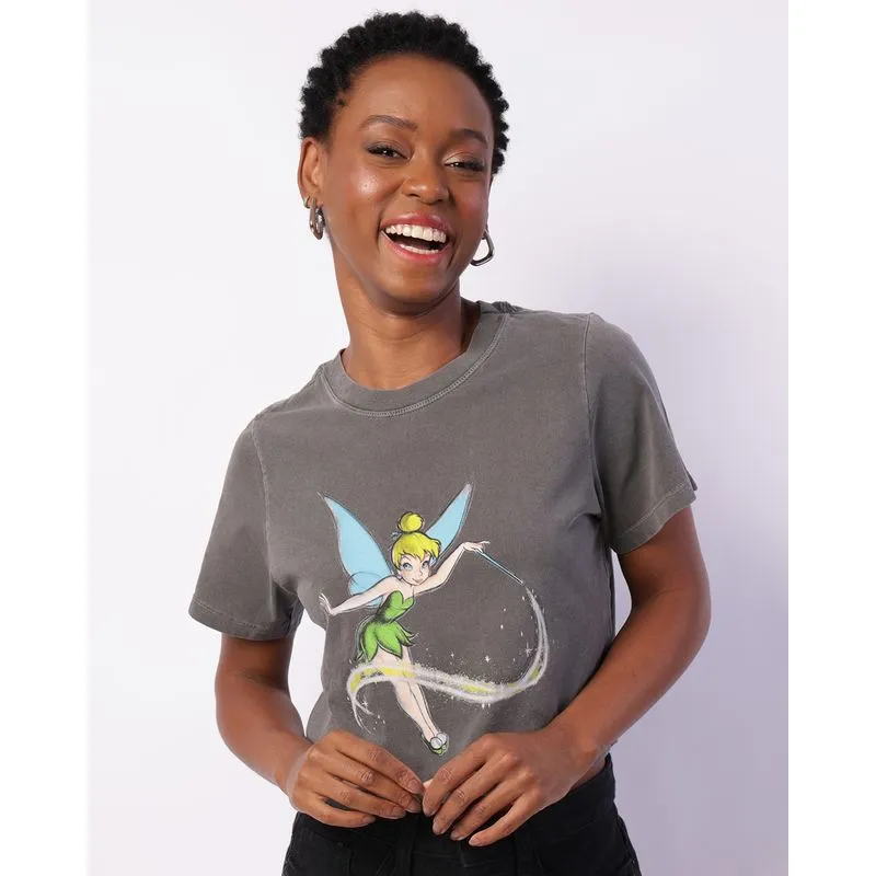 Camiseta Feminina Cropped Manga Curta Disney Sininho Estonada Cinza P