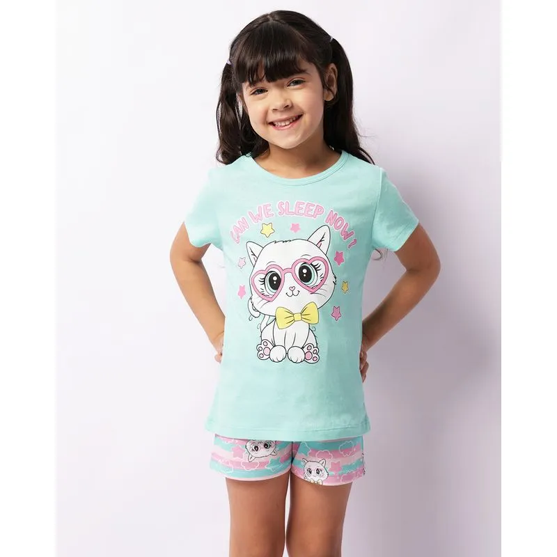 Pijama Infantil Curto Estampa Gatinha Verde 6