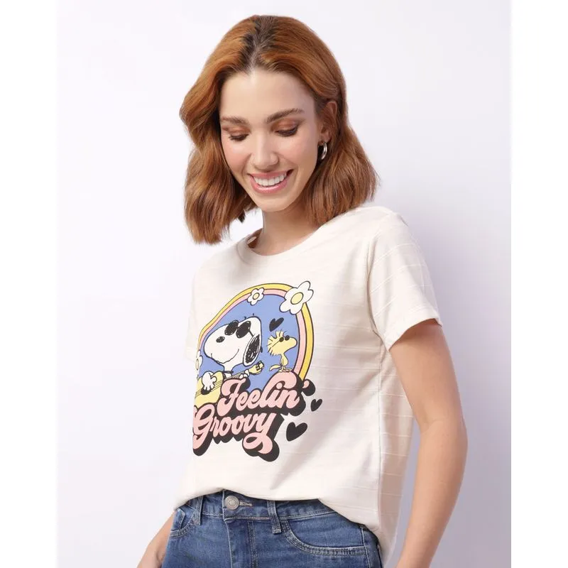 Camiseta Feminina Manga Curta Peanuts Snoopy Off White M