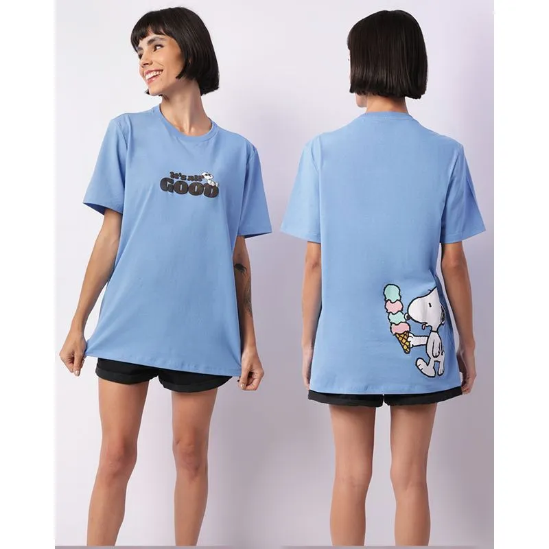 Camiseta Feminina Peanuts Snoopy Manga Curta Azul M