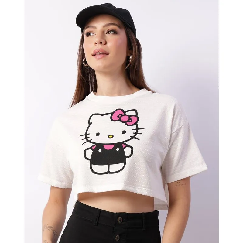 Camiseta Feminina Cropped Hello Kitty Texturizada Off White M