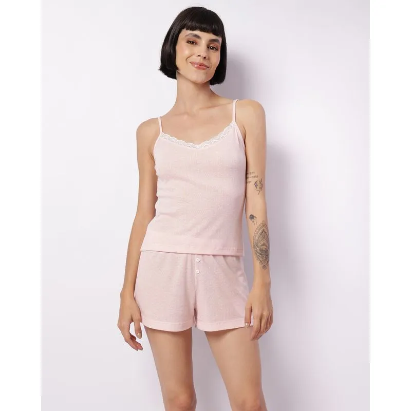 Pijama Feminino Curto Alcinha Renda Estampa Poá Rosa P