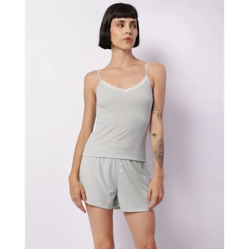 Pijama Feminino Curto Alcinha Renda Estampa Poá Verde G