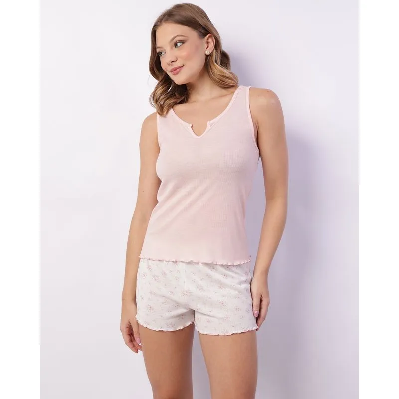 Pijama Feminino Curto Canelado Frufru Rosa GG