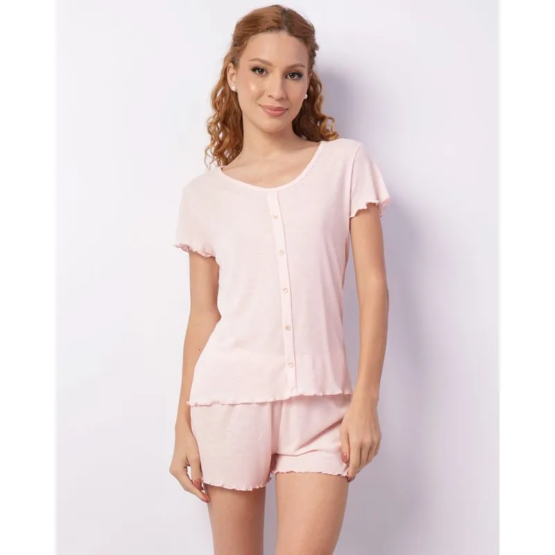 Pijama Feminino Curto Canelado Com Botões Rosa M