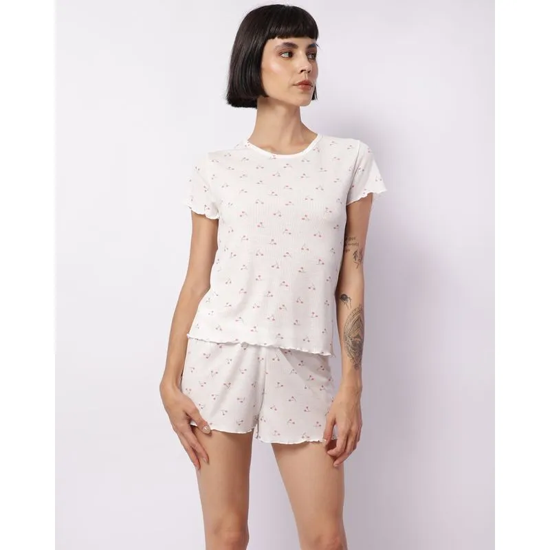 Pijama Feminino Curto Canelado Estampa Cereja Branco P