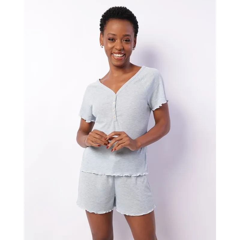 Pijama Feminino Curto Frufru Canelado Botões Azul G