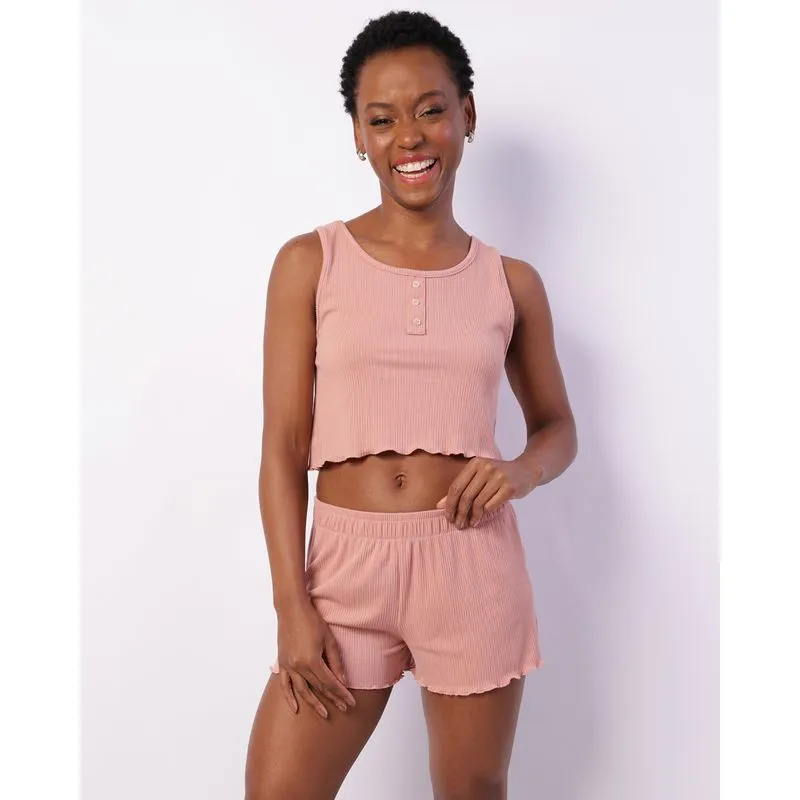 Pijama Feminino Curto Canelado Frufru Com Botões Rosa G