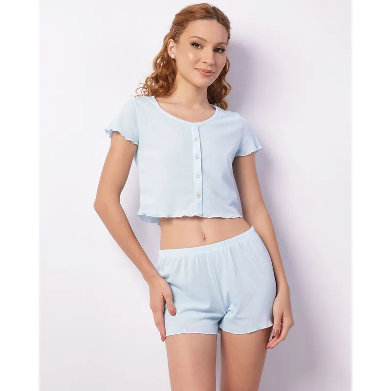 Pijama Feminino Curto Canelado Com Botões Azul GG