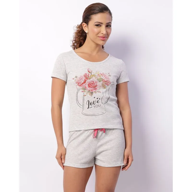 Pijama Feminino Curto Canelado Estampa Flores Cinza M