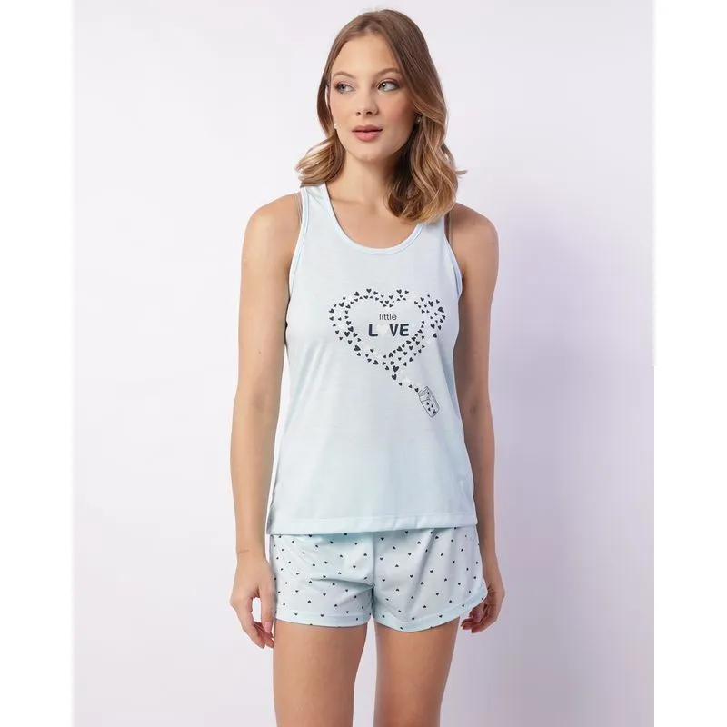 Pijama Feminino Regata Curto Estampa Corações Azul G