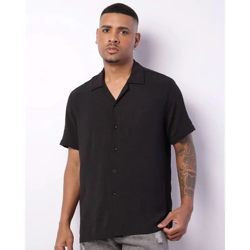 Camisa Masculina Manga Curta Gola Cubana Preta 3
