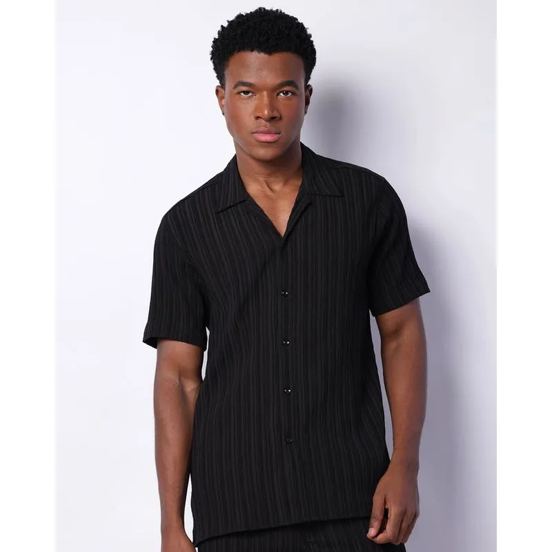 Camisa Masculina Manga Curta Viscose Plissada Preta 3