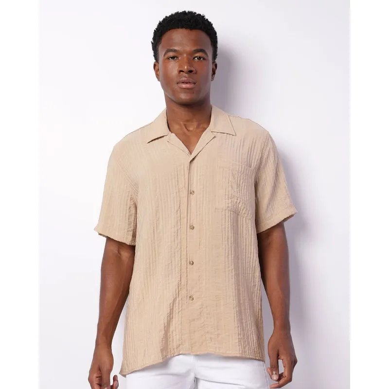 Camisa Masculina Manga Curta Viscose Texturizada Bolso Bege 3