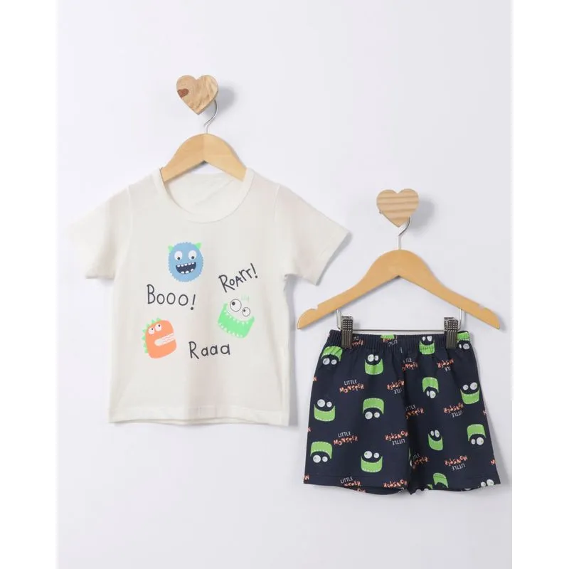 Pijama Bebê Curto Estampa Monstrinho Off White 3