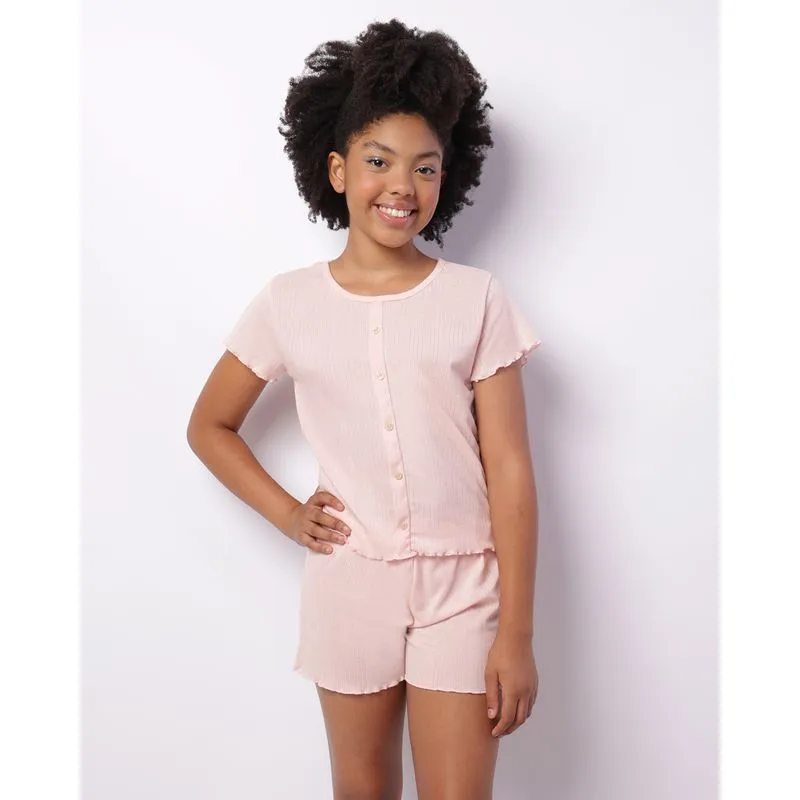 Pijama Juvenil Canelado Curto Botões Decorativo Rosa 12