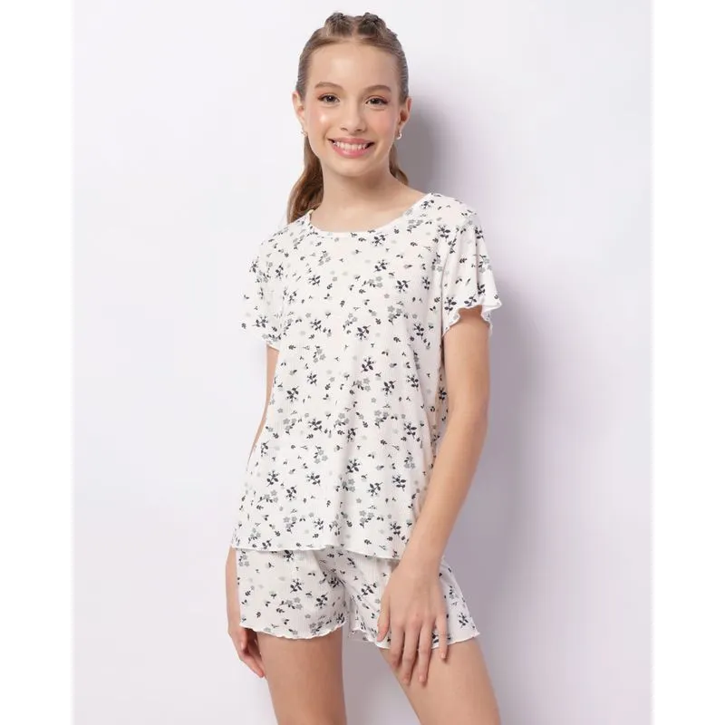 Pijama Juvenil Curto Canelado Estampado Branco 12