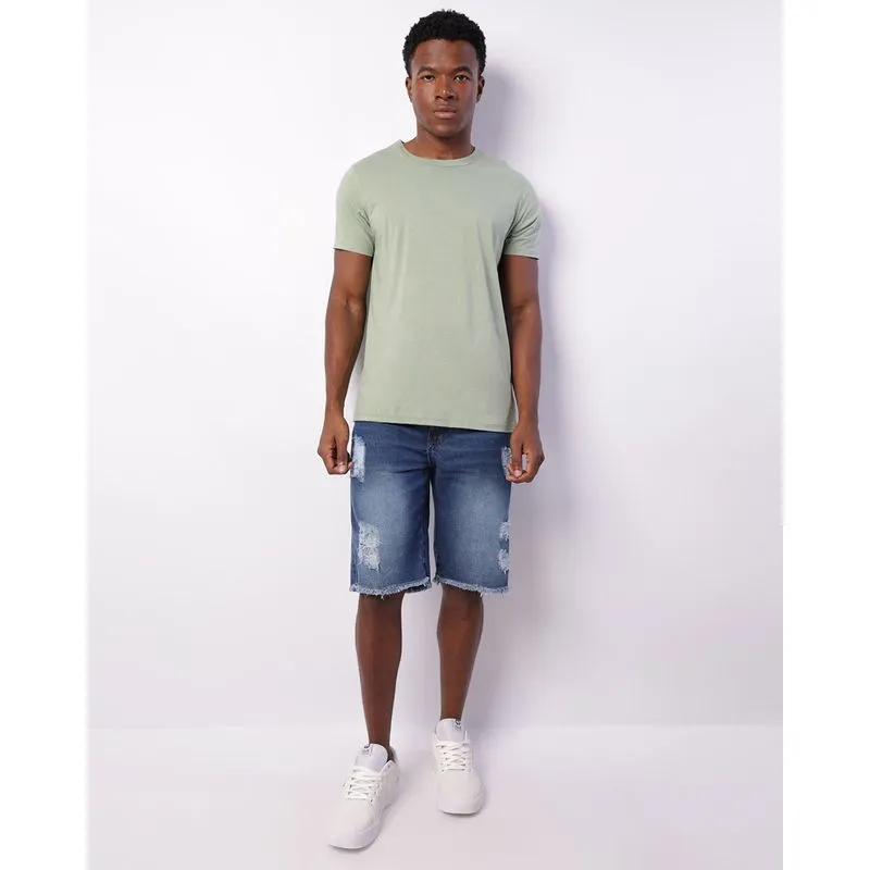 Bermuda Jeans Masculina Destroyed Barra Desfiada Azul 40