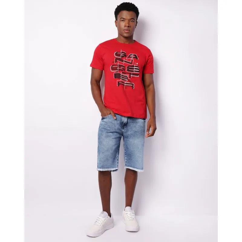 Bermuda Jeans Masculina Reta Barra Desfiada Marmorizada Azul 42