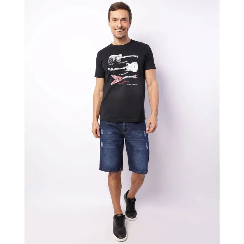 Bermuda Jeans Masculina Reta Com Puídos Azul 42