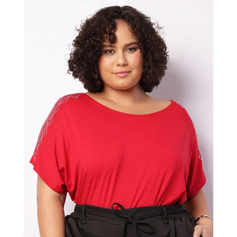 Blusa Plus Size Feminina Manga Curta Aplicação Strass Vermelha G1