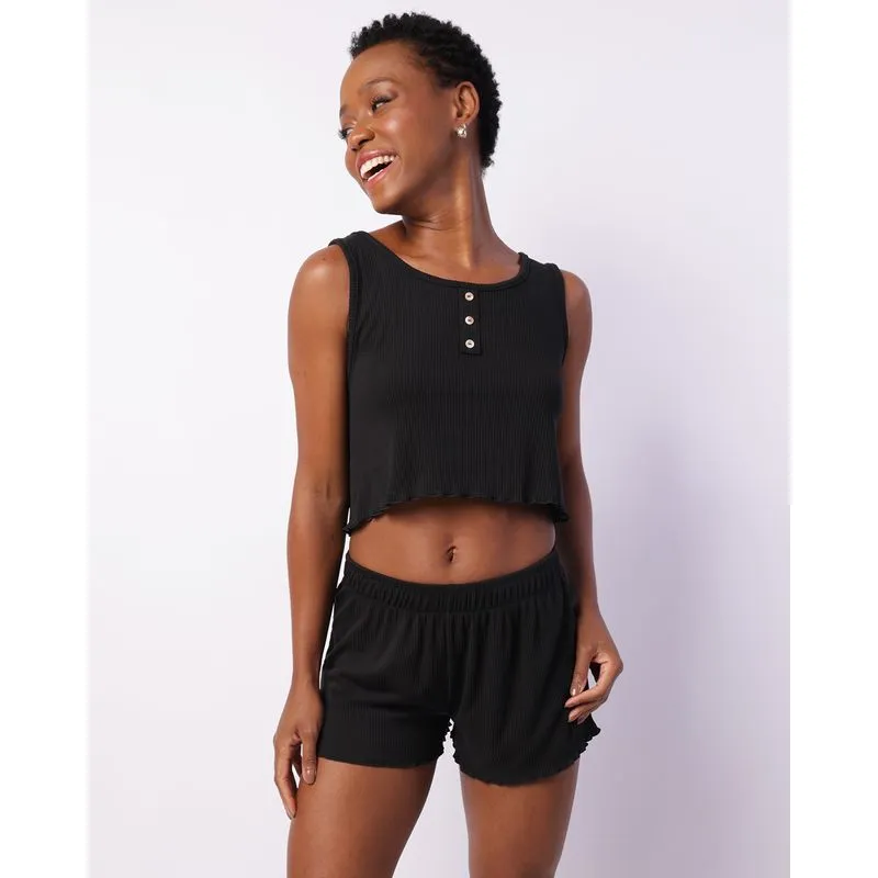 Pijama Feminino Curto Canelado FruFru Com Botões Preto GG
