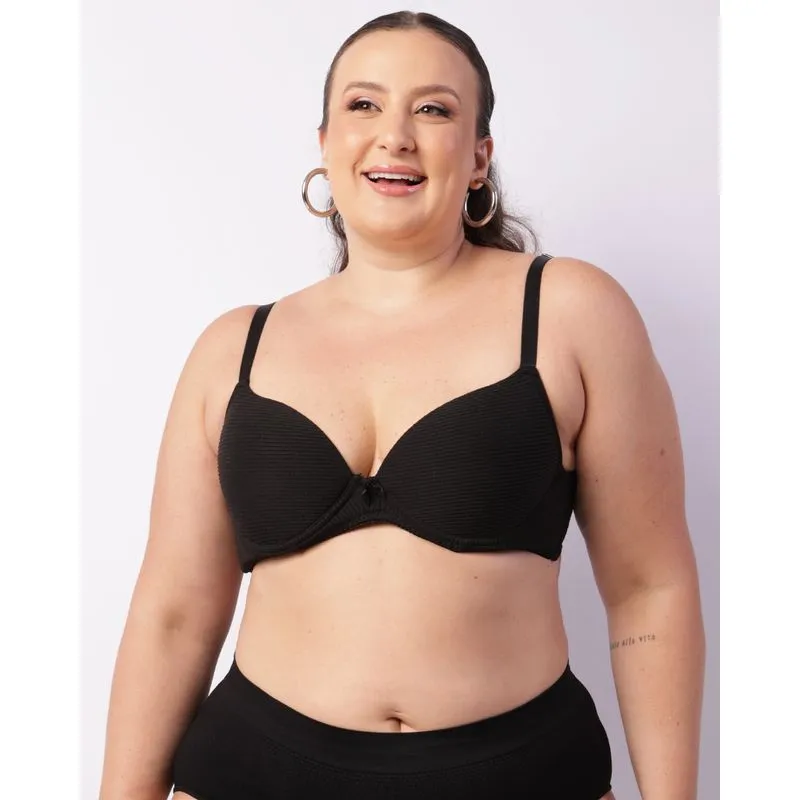 Sutiã Plus Size Feminino Base Com Bojo Canelado Preto 48